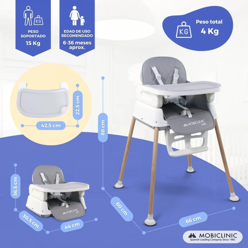 Babyhochstuhl | Evolutionär | Faltbar | 3 in 1 | Verstellbares Tablett | Sicherheitsgurte | Reisen | Spiel | Kiara | Mobiclinic