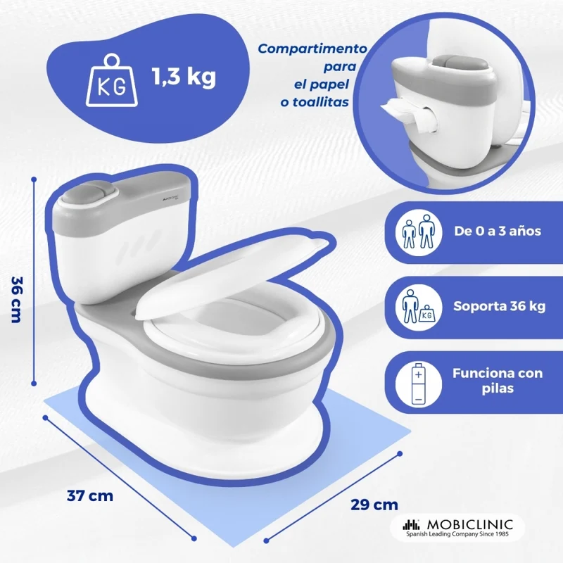 Kindertoilette | Mit Sound | Abnehmbarer Eimer | Von 1 bis 6 Jahren | Rutschfest | Grau | ToiKid | Mobiclinic