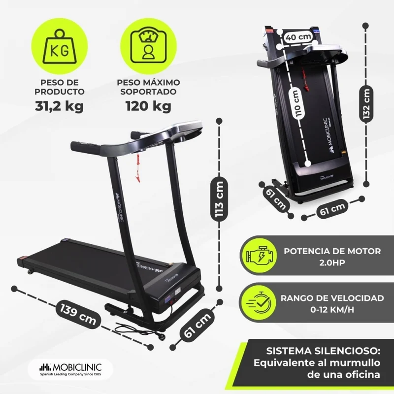 Klappbares Laufband | Bluetooth-Lautsprecher |12 km/h|Höhensystem| App-LCD-Bildschirm 139x62x114 cm| Lautlos| ETNA| Mobiclinic