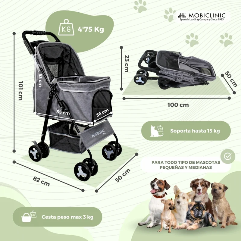 Hundewagen | Faltbar |Räder Bremse und 360º |3 Zugänge | Markise|Aufbewahrungskorb und Getränkehalter |Schwarz |Zuma|Mobiclinic
