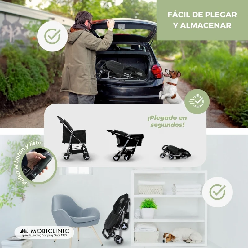 Hundewagen | Faltbar |Räder Bremse und 360º |3 Zugänge | Markise|Aufbewahrungskorb und Getränkehalter |Schwarz |Zuma|Mobiclinic