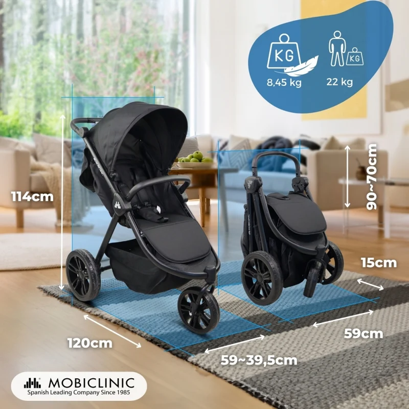 Kinderwagen mit 3 Rädern |Leicht |Geländeräder |5-Punkt-Gurt |Rückentasche |Max. 22kg |Agnes| Mobiclinic