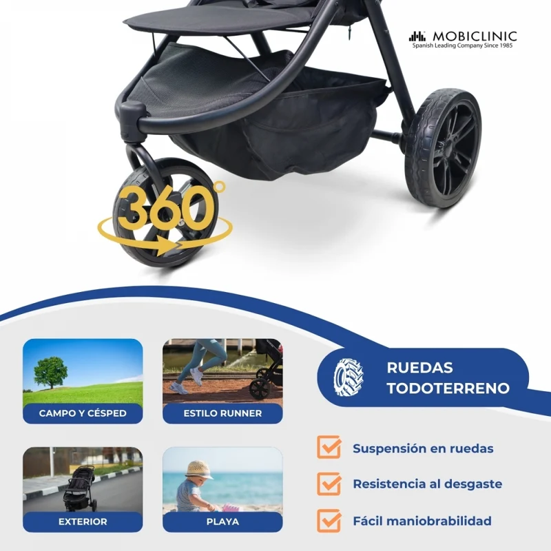 Kinderwagen mit 3 Rädern |Leicht |Geländeräder |5-Punkt-Gurt |Rückentasche |Max. 22kg |Agnes| Mobiclinic