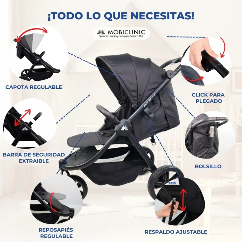 Kinderwagen mit 3 Rädern |Leicht |Geländeräder |5-Punkt-Gurt |Rückentasche |Max. 22kg |Agnes| Mobiclinic