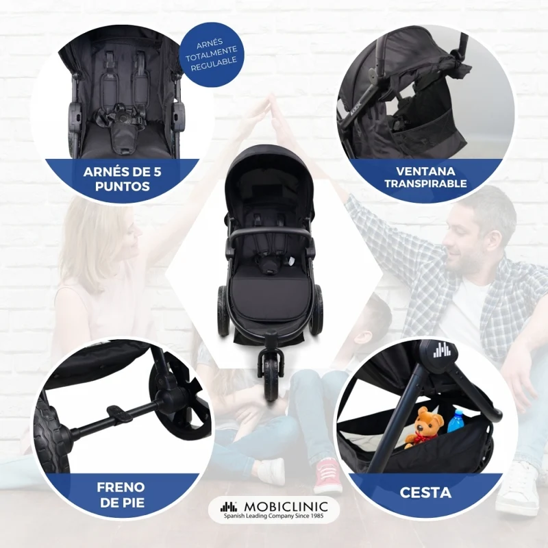 Kinderwagen mit 3 Rädern |Leicht |Geländeräder |5-Punkt-Gurt |Rückentasche |Max. 22kg |Agnes| Mobiclinic