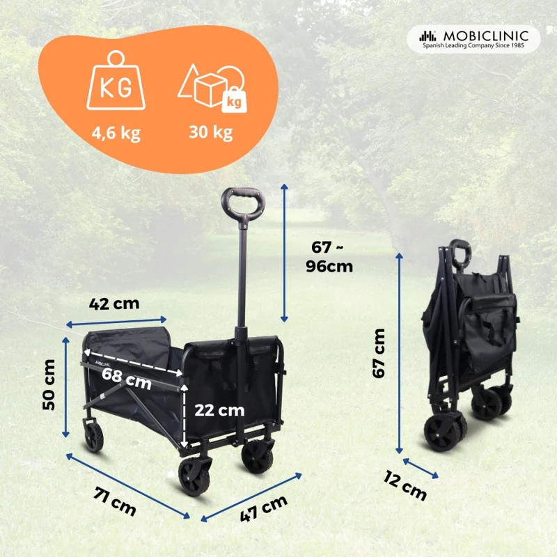 Transportwagen für Strand und Garten | Verstellbarer Griff | 71x47x67cm | Zusammenklappbar | 360º-Räder | Duna Basic| Mobiclinic