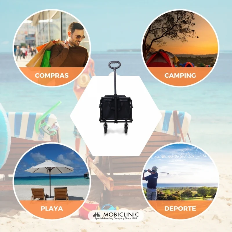 Transportwagen für Strand und Garten | Verstellbarer Griff | 71x47x67cm | Zusammenklappbar | 360º-Räder | Duna Basic| Mobiclinic
