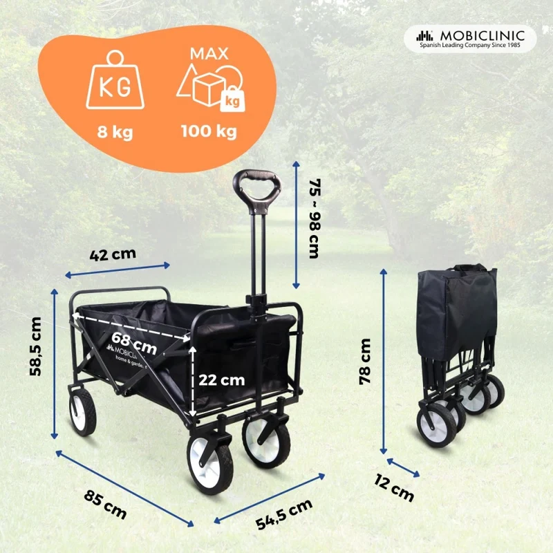 Transportwagen für Strand und Garten | Verstellbarer Griff | 85x54,5x75cm | Zusammenklappbar | 360º-Räder |Duna Pro | Mobiclinic