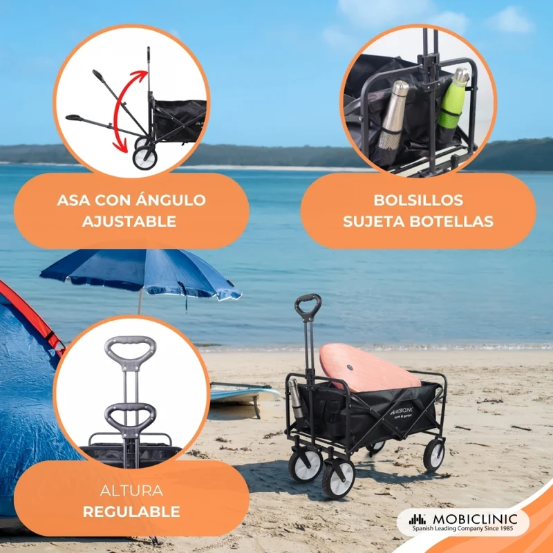 Transportwagen für Strand und Garten | Verstellbarer Griff | 85x54,5x75cm | Zusammenklappbar | 360º-Räder |Duna Pro | Mobiclinic