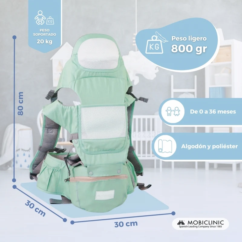 6-in-1-Babytrage | Atmungsaktiv | 0–36 Monate | Verstellbare Träger | Baumwolle | Tasche | Grün | Moley | Mobiclinic