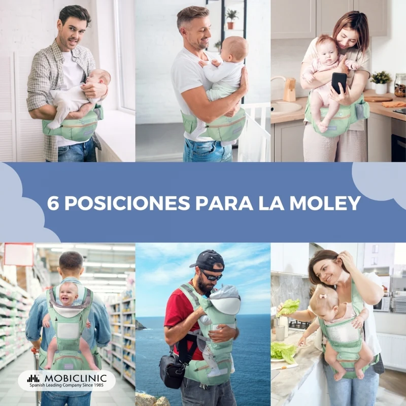 6-in-1-Babytrage | Atmungsaktiv | 0–36 Monate | Verstellbare Träger | Baumwolle | Tasche | Grün | Moley | Mobiclinic