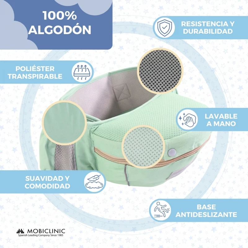 6-in-1-Babytrage | Atmungsaktiv | 0–36 Monate | Verstellbare Träger | Baumwolle | Tasche | Grün | Moley | Mobiclinic
