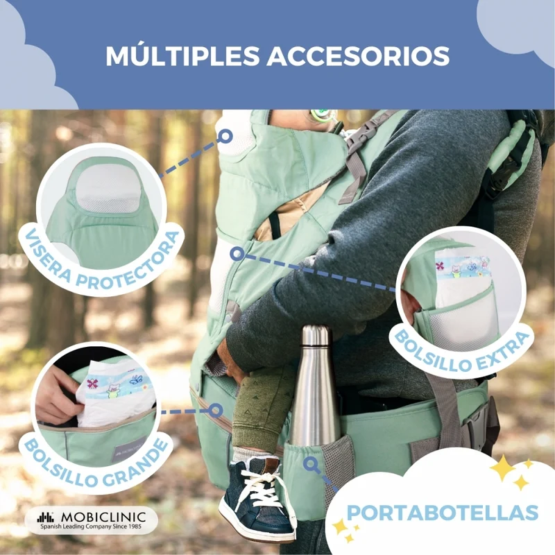 6-in-1-Babytrage | Atmungsaktiv | 0–36 Monate | Verstellbare Träger | Baumwolle | Tasche | Grün | Moley | Mobiclinic