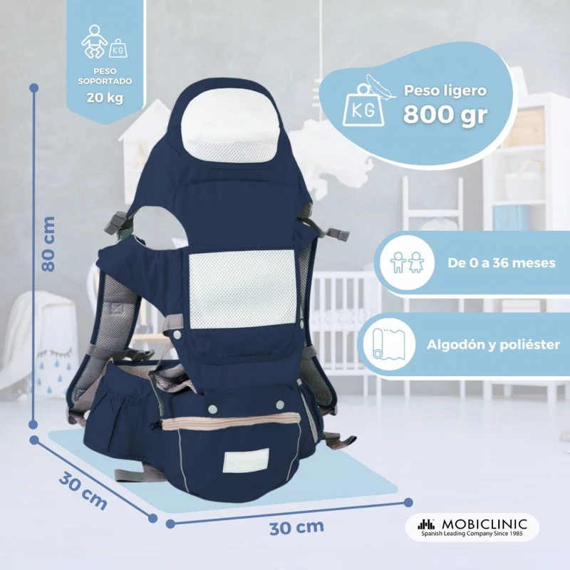 6-in-1-Babytrage | Atmungsaktiv | 0–36 Monate | Verstellbare Träger | Baumwolle | Tasche | Blau | Moley | Mobiclinic