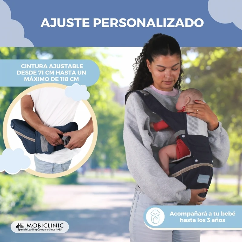 6-in-1-Babytrage | Atmungsaktiv | 0–36 Monate | Verstellbare Träger | Baumwolle | Tasche | Blau | Moley | Mobiclinic