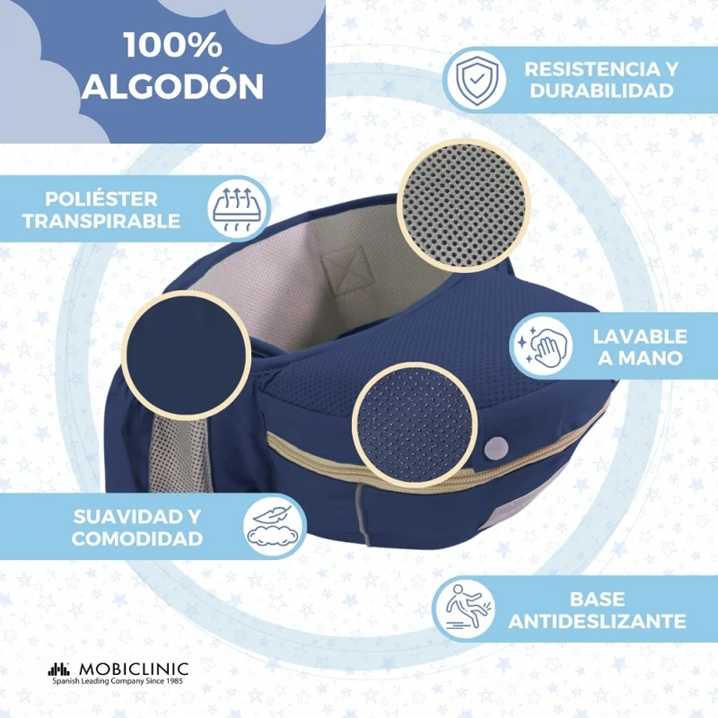 6-in-1-Babytrage | Atmungsaktiv | 0–36 Monate | Verstellbare Träger | Baumwolle | Tasche | Blau | Moley | Mobiclinic