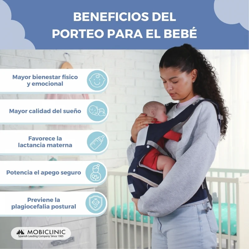 6-in-1-Babytrage | Atmungsaktiv | 0–36 Monate | Verstellbare Träger | Baumwolle | Tasche | Blau | Moley | Mobiclinic