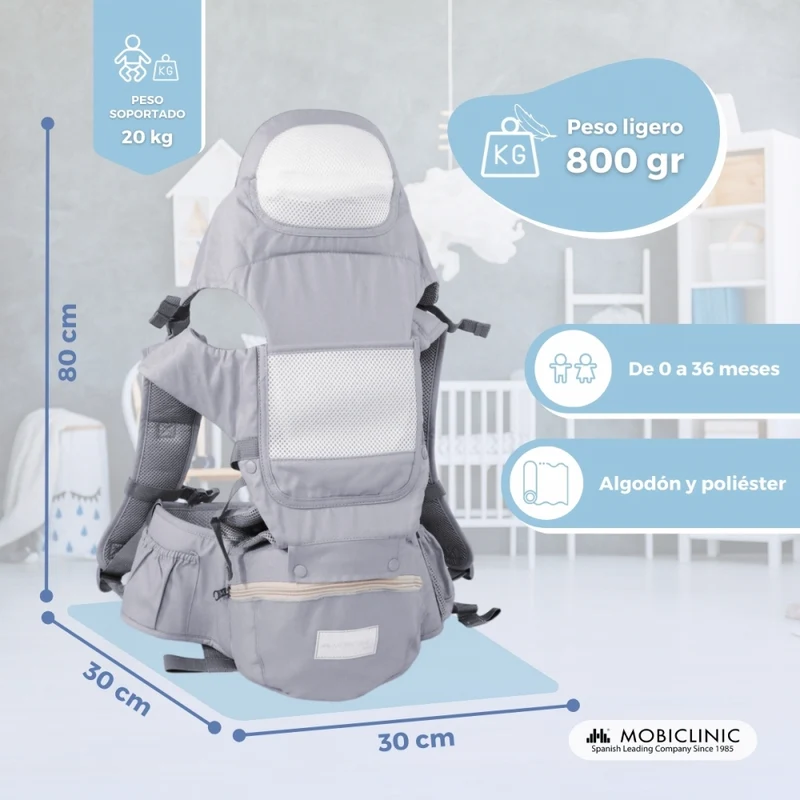 6-in-1-Babytrage | Atmungsaktiv | 0–36 Monate | Verstellbare Träger | Baumwolle | Tasche | Grau | Moley | Mobiclinic
