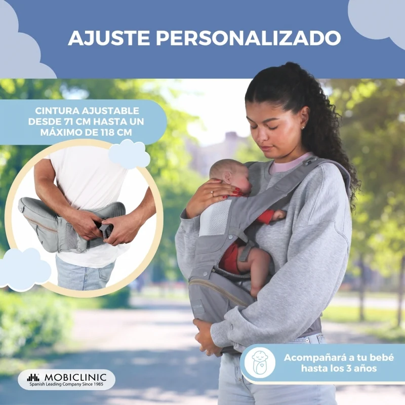 6-in-1-Babytrage | Atmungsaktiv | 0–36 Monate | Verstellbare Träger | Baumwolle | Tasche | Grau | Moley | Mobiclinic