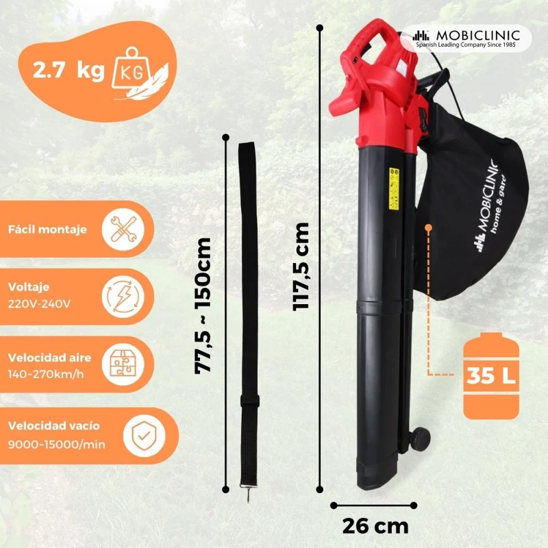 Elektro-Laubsauger/Laubbläser | 900W | 3 in 1 | Garten | 6 Geschwindigkeiten | Mobiclean | Mobiclinic