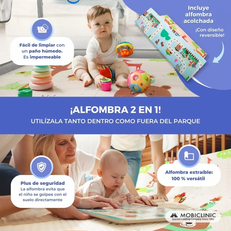 Laufstall mit Teppich | Babys und Kinder | 125x125x67cm| Faltbar | Tragetasche | Grau | Happyland | Mobiclinic
