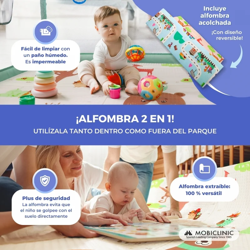 Laufstall mit Teppich | Babys und Kinder | 125x125x67cm | Faltbar | Tragetasche | Grün | Happyland | Mobiclinic