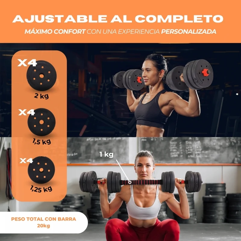 Verstellbare Hanteln mit 2-in-1-Stange | 20 kg zum Verteilen | Allmähliches Wachstum | Gepolstert | ExtenFit | Mobiclinic