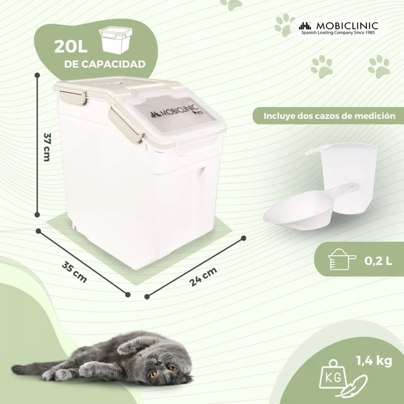 Futterbehälter | 8 Kg – 20 L | Hermetischer Verschluss | Mit Rädern | Inklusive Schaufel und Messgerät | FeedPet | Mobiclinic