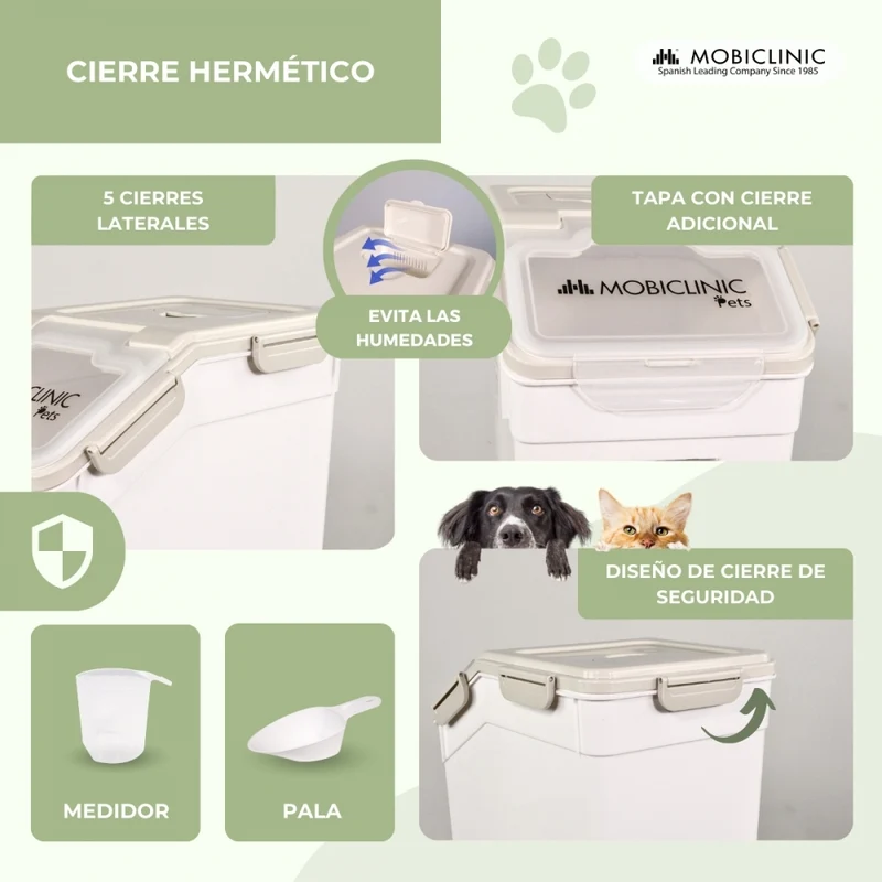 Futterbehälter | 8 Kg – 20 L | Hermetischer Verschluss | Mit Rädern | Inklusive Schaufel und Messgerät | FeedPet | Mobiclinic