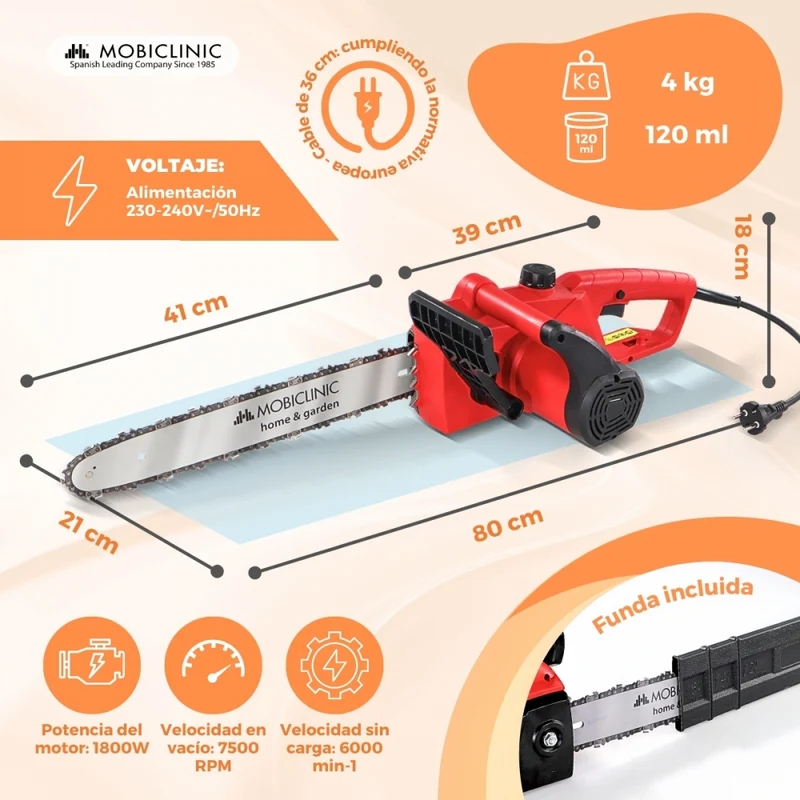 Plug-in-Elektrokettensäge | 1800-W-Motor | Mit Griff | 7500 U/min | Rot | Präzisionsschneidkette | Timberpro | Mobiclinic