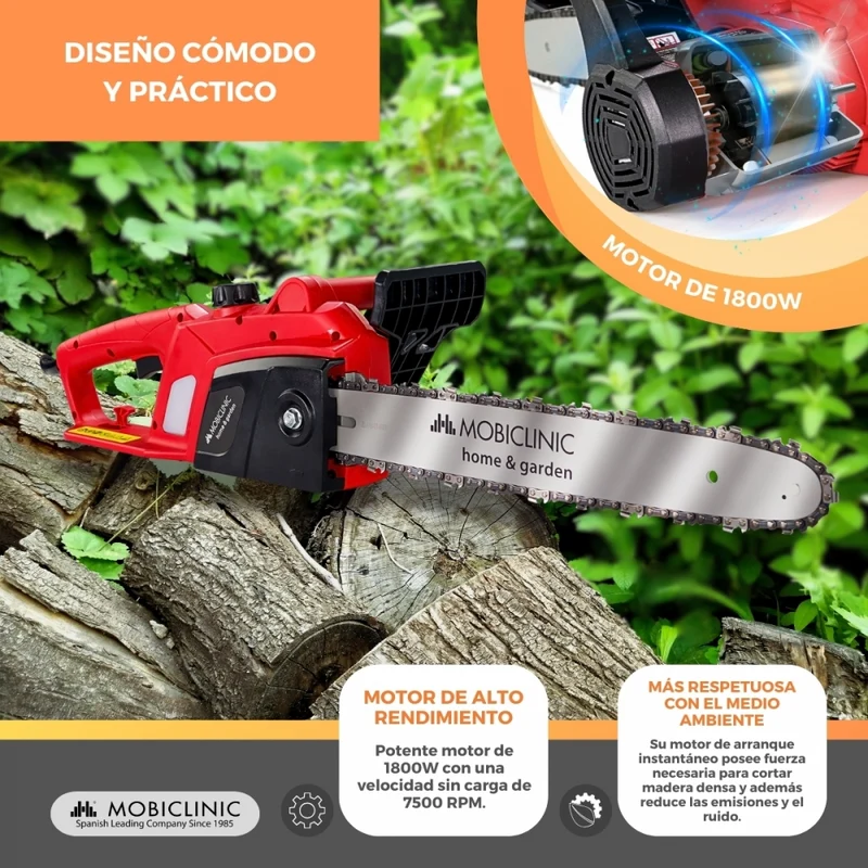 Plug-in-Elektrokettensäge | 1800-W-Motor | Mit Griff | 7500 U/min | Rot | Präzisionsschneidkette | Timberpro | Mobiclinic