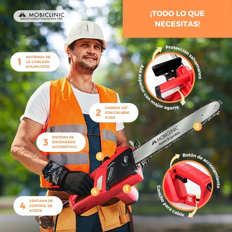 Plug-in-Elektrokettensäge | 1800-W-Motor | Mit Griff | 7500 U/min | Rot | Präzisionsschneidkette | Timberpro | Mobiclinic