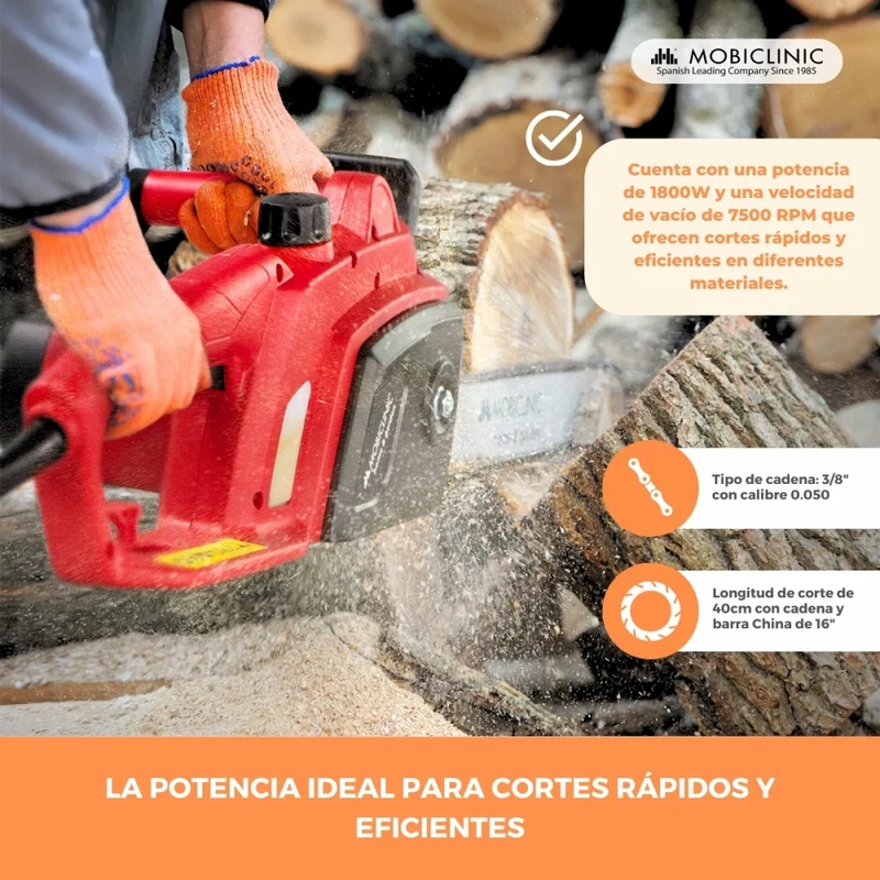 Plug-in-Elektrokettensäge | 1800-W-Motor | Mit Griff | 7500 U/min | Rot | Präzisionsschneidkette | Timberpro | Mobiclinic