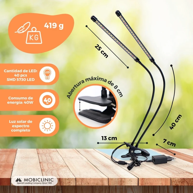 Pflanzenlampe | LED | 3 Modi | 6000K| Schwarz| Timer | 10 Helligkeitsstufen | 360º Drehung | Growflex | Mobiclinic