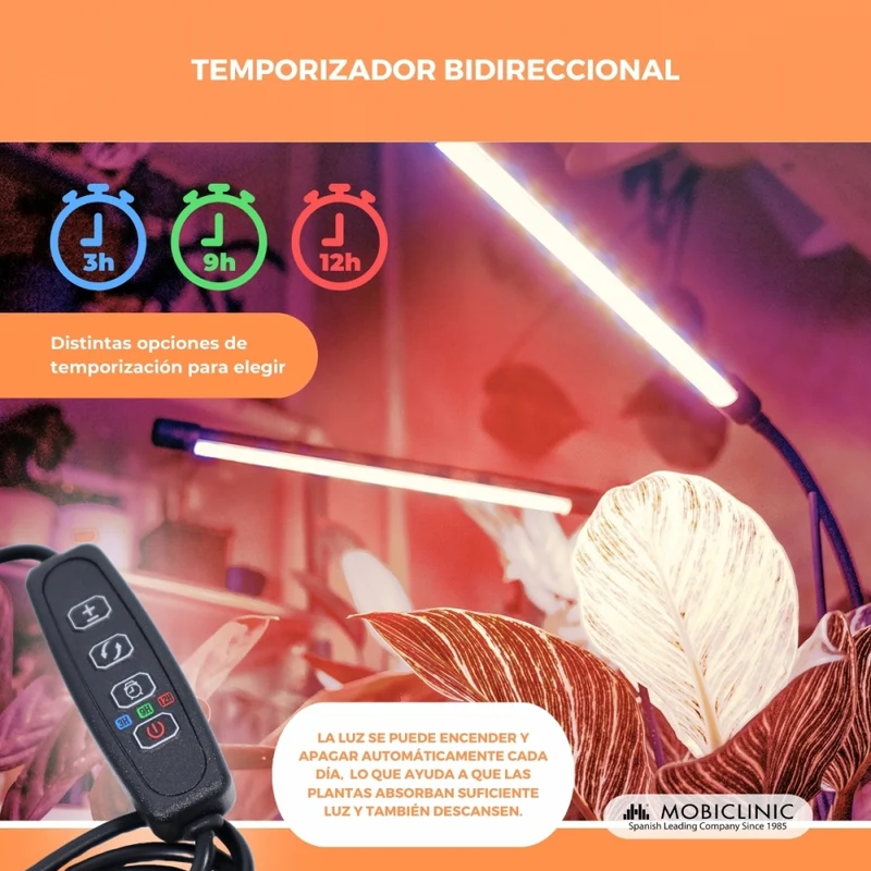 Pflanzenlampe | LED | 3 Modi | 6000K| Schwarz| Timer | 10 Helligkeitsstufen | 360º Drehung | Growflex | Mobiclinic