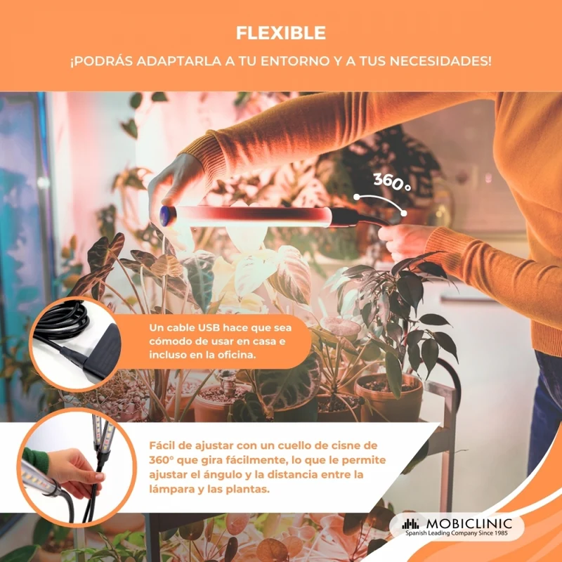 Pflanzenlampe | LED | 3 Modi | 6000K| Schwarz| Timer | 10 Helligkeitsstufen | 360º Drehung | Growflex | Mobiclinic