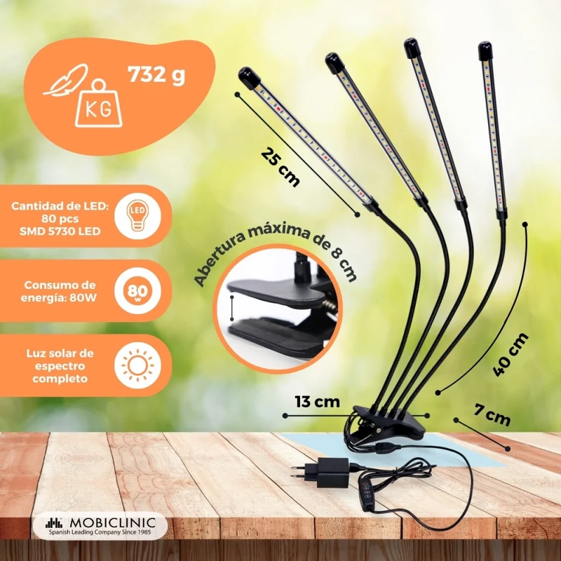 Pflanzenlampe | LED | 3 Modi | 6000K| Schwarz| Timer | 10 Helligkeitsstufen | 360º Drehung | Growflex | Mobiclinic