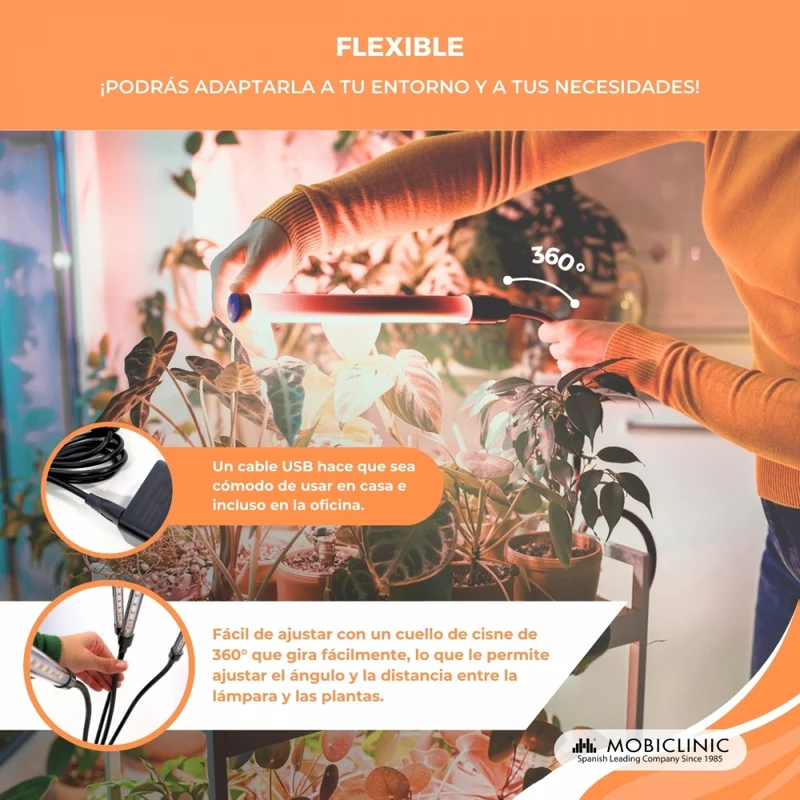 Pflanzenlampe | LED | 3 Modi | 6000K| Schwarz| Timer | 10 Helligkeitsstufen | 360º Drehung | Growflex | Mobiclinic