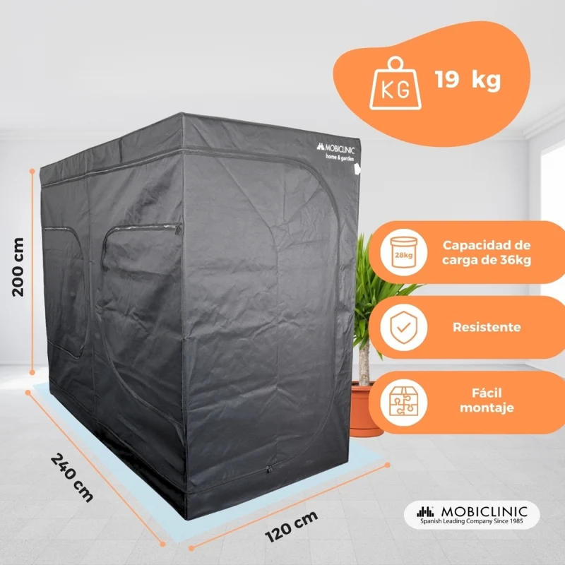 Growzelt | Wasserdicht | Schwarz | Nylon | Max. Belastung 28 kg | Abnehmbarer Boden | Haltestangen | Growbox | Mobiclinic