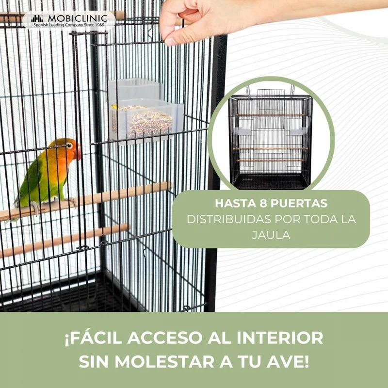 XL-Vogelkäfig | 95 x 43 x 61,5 cm | 8 Türen | Futter- und Wasserspender | Räder | Herausnehmbare Schale | Ninfa | Mobiclinic