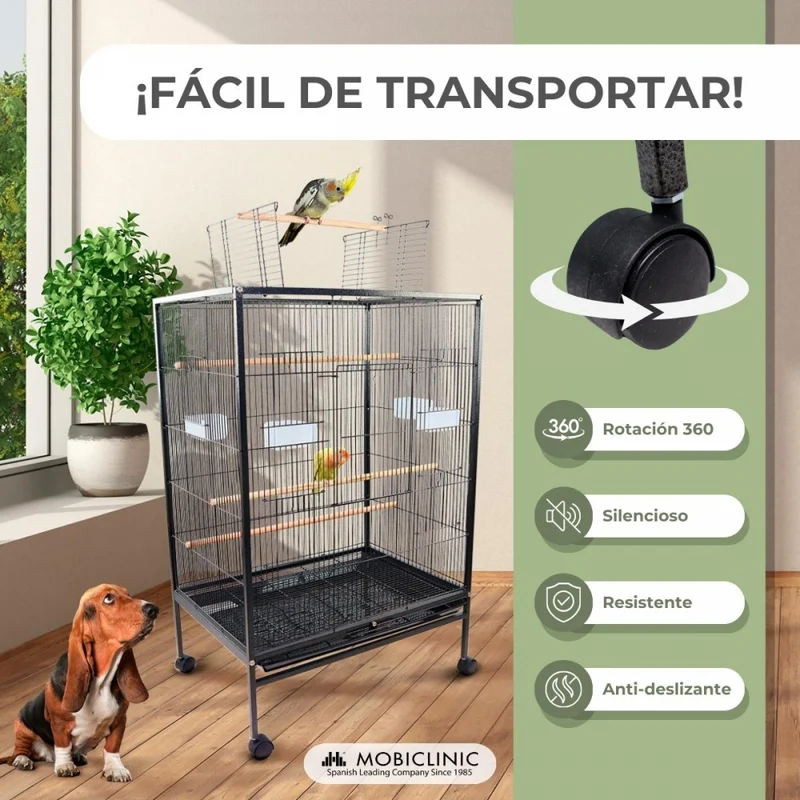 XL-Vogelkäfig | 95 x 43 x 61,5 cm | 8 Türen | Futter- und Wasserspender | Räder | Herausnehmbare Schale | Ninfa | Mobiclinic