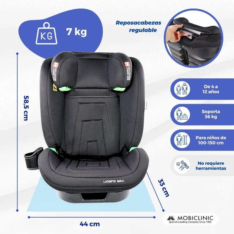 Kinderautositz | IsoFix |I-Size|100–150 cm| 3-fach neigbar |Gruppe 2/3|15–36 kg|3,5–12 Jahre|Lionfix Max|Mobiclinic