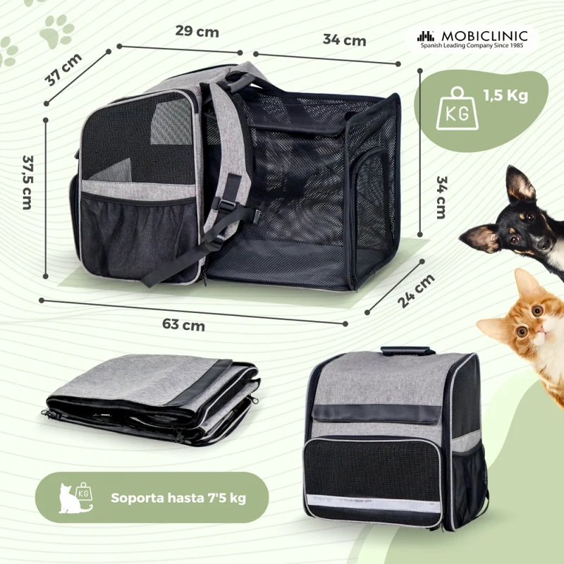 Tragetasche für Haustiere | Erweiterbar | Faltbar | 37x29x37,5 cm | Belüftung | Futterspender + Taschen | Tula| Mobiclinic