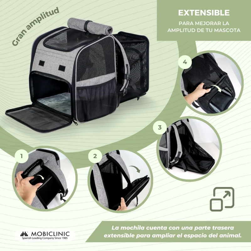 Tragetasche für Haustiere | Erweiterbar | Faltbar | 37x29x37,5 cm | Belüftung | Futterspender + Taschen | Tula| Mobiclinic