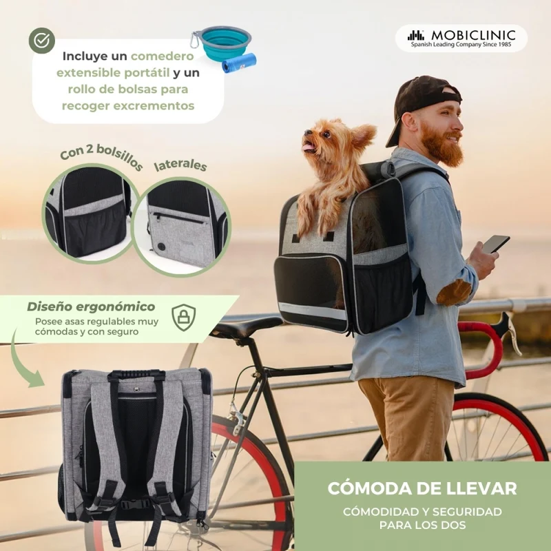 Tragetasche für Haustiere | Erweiterbar | Faltbar | 37x29x37,5 cm | Belüftung | Futterspender + Taschen | Tula| Mobiclinic