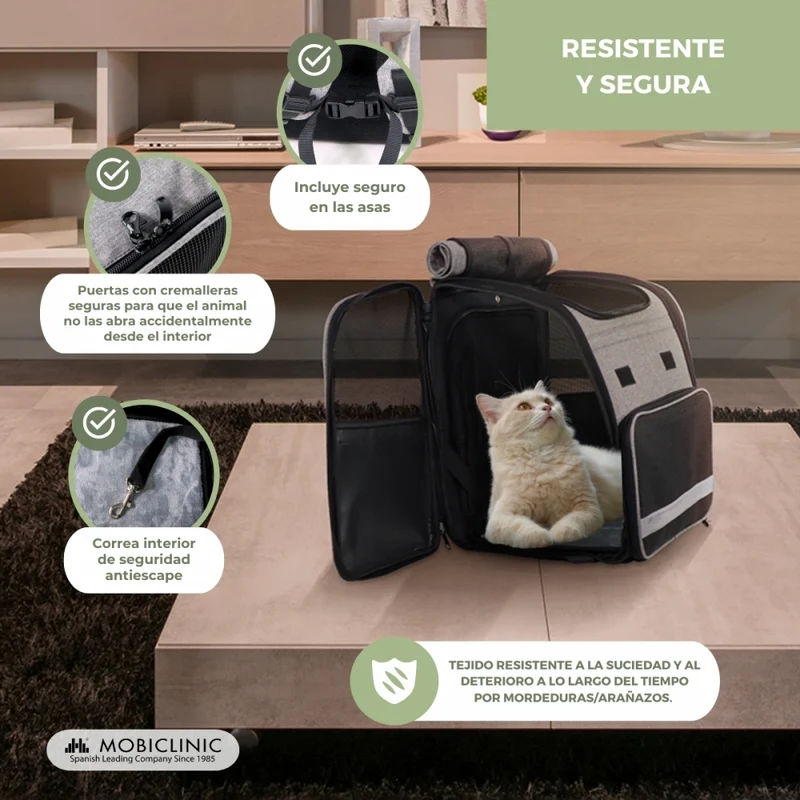 Tragetasche für Haustiere | Erweiterbar | Faltbar | 37x29x37,5 cm | Belüftung | Futterspender + Taschen | Tula| Mobiclinic