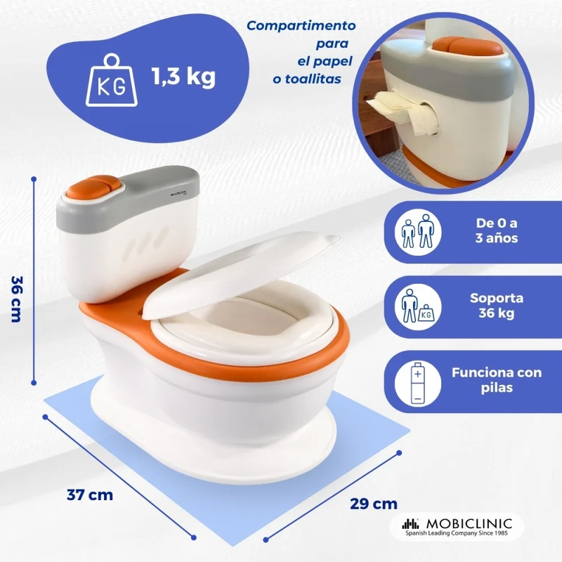 Kindertoilette | Mit Sound | Abnehmbarer Eimer | Von 1 bis 6 Jahren | Rutschfest | Orange | ToiKid | Mobiclinic
