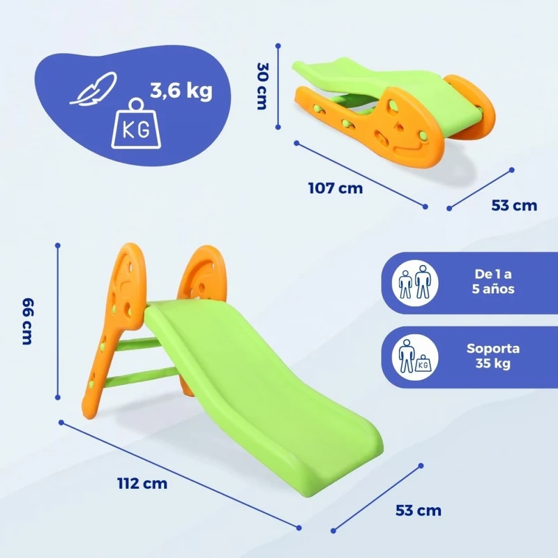 Kinderrutsche | Widerstandsfähig | Faltbar | Runde Kanten | Rutschfeste Stufen | Max. 35 kg | Grün | Dino XL | Mobiclinic