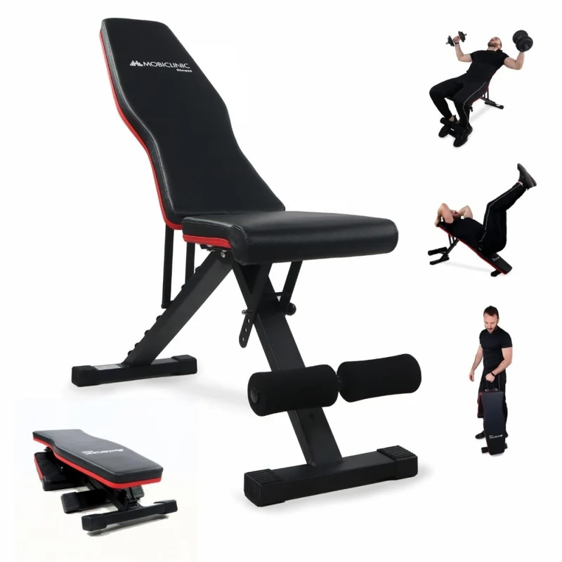 Multifunktionale Trainingsbank | Ultrakompakt faltbar | Max 120 kg | Verstellbar | Tragegriff | FlexFit | Mobiclinic