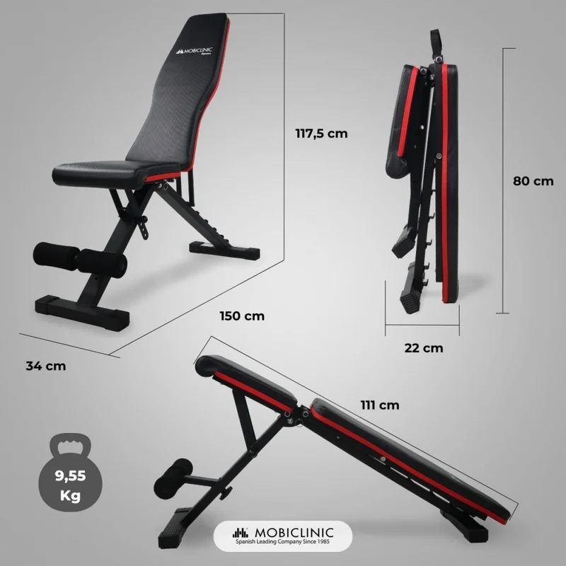 Multifunktionale Trainingsbank | Ultrakompakt faltbar | Max 120 kg | Verstellbar | Tragegriff | FlexFit | Mobiclinic